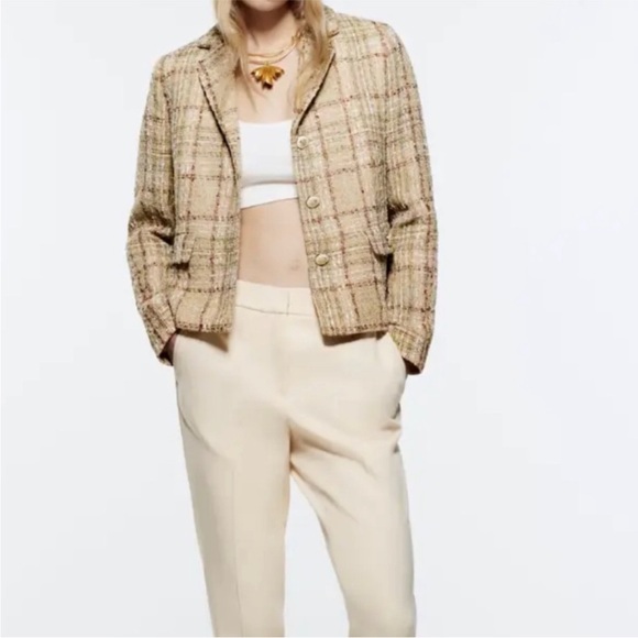 BLOGGERS FAV ZARA Cropped Textured Plaid Blazer size M - Picture 7 of 14